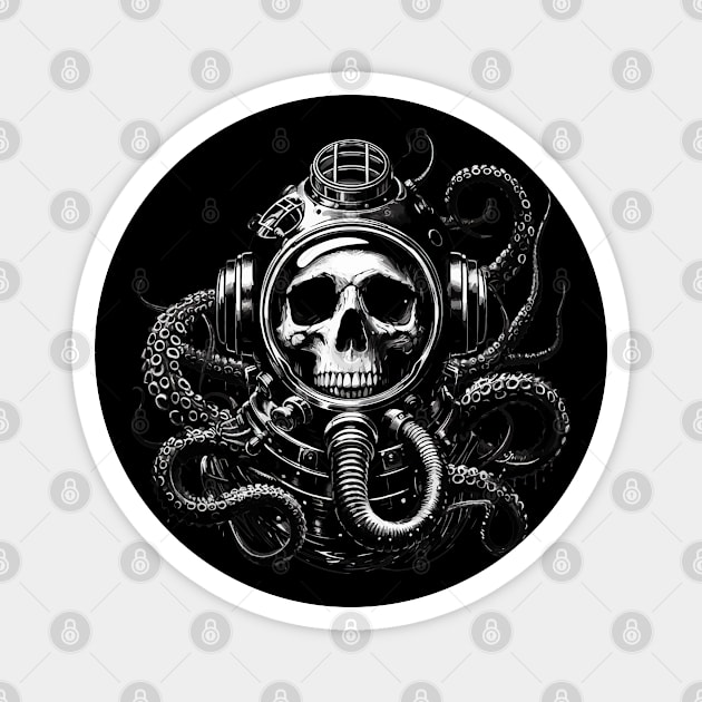 Monochromatic Goth Skull Diver Octopus Tentacles Magnet by TomFrontierArt